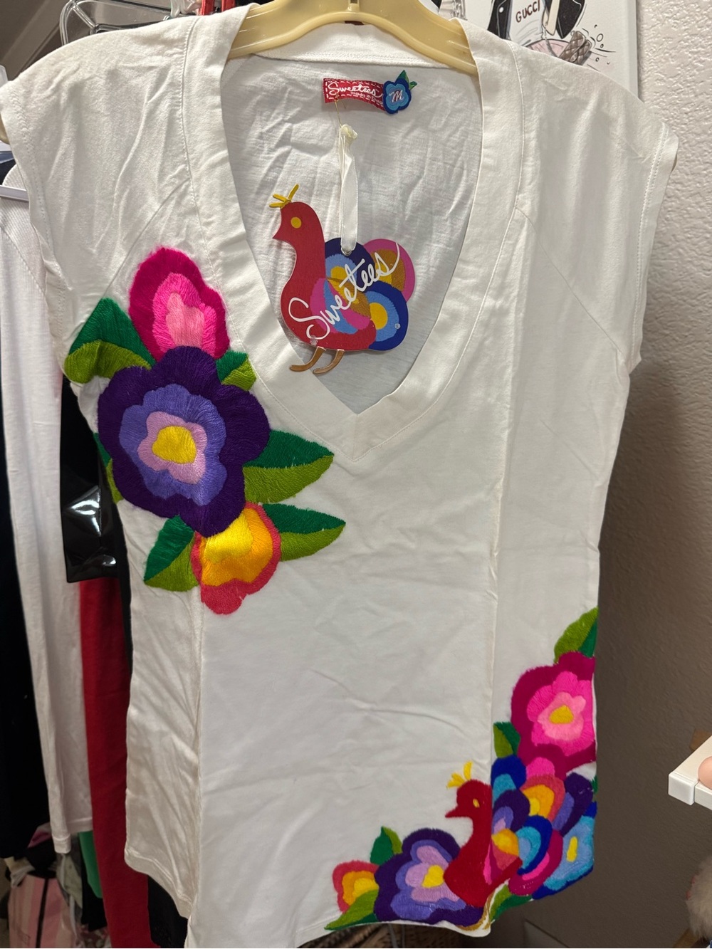 Sweetees White V-Neck Top with Multicolor embroidery - RARE find- NWT in plastic